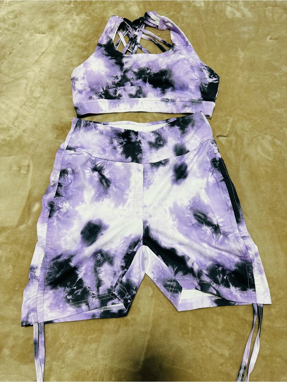Tie-Dye Purple Crisscross Sports Bra and High-Waist Shorts Set